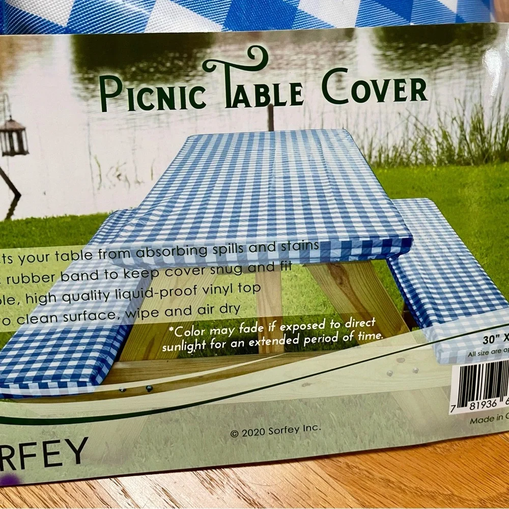 Blue and White Fitted Vinyl Picnic Table & Bench Cover 30”x72”